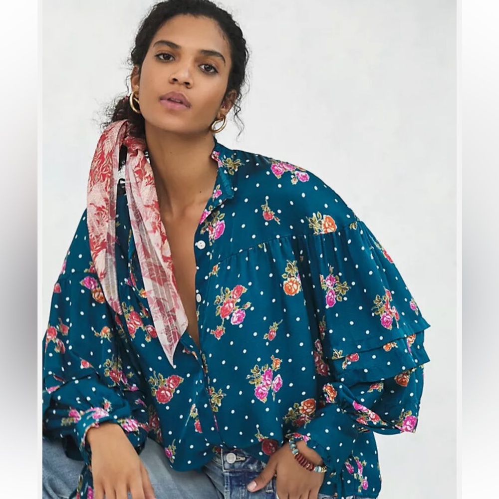 Anthropologie Floral Teal Blouse